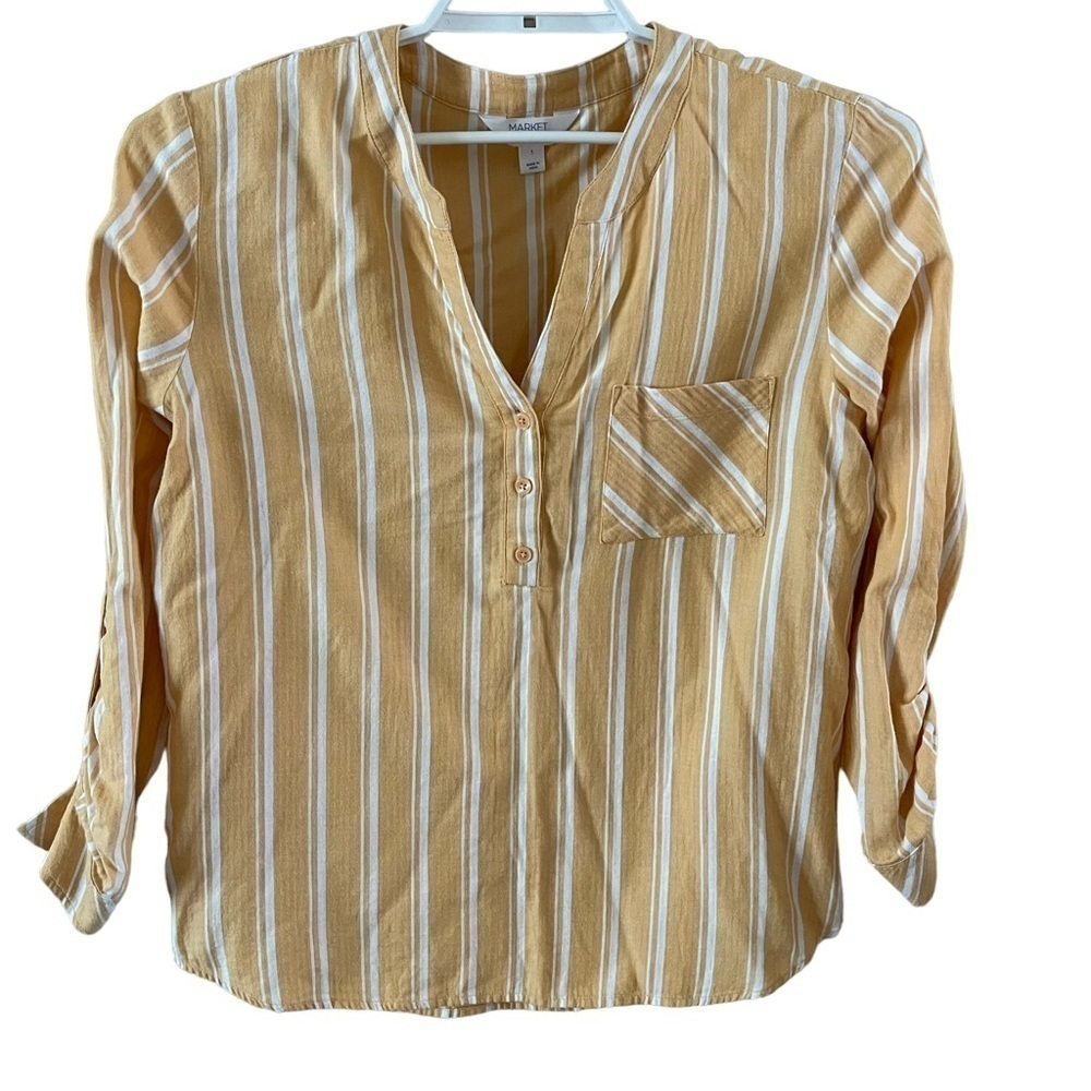 Market & Spruce Mustard and White Striped V-Neck Button Popover